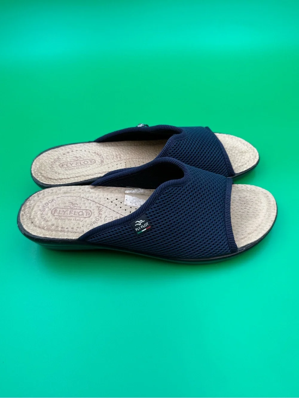 Fly Flot Navy Solid Women’s Slide Sandals Comfort Logo Slip-On US 9